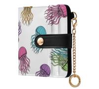 Colorful Jellyfish White Print Small Women Wallet Leather RFID Blocking Bifold Compact Card Holder with Coin Pocket Zipper Purse for Girls Ladies Women