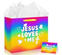 Colorful Jesus Loves Me Gift Bag Christian Religious Gift Bag with Wrapping Paper Greeting Card Rainbow Cross Christmas Decorations for Church Baby Shower Baptism Birthday Sunday School Party Supplies