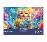 Colorful Kitten Amid Blooms, Butterflies, And Waterfall 1000-Piece Jigsaw Puzzle Dreamy Cute Cat - Perfect for Men, Women, Elders & Seniors 38x26cm/1000pcs