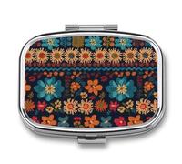 Colorful Knitted Pattern Pill Box 2 Compartment, Portable Pill Case with Mirror for Pocket Purse Travel, Mini Metal Medicine Organizer for Vitamins Fish Oil