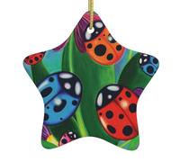 Colorful Ladybird Double-Sided Printed Ceramic Star Christmas Ornament With Gold Hanging Cord-Festive Holiday Decoration For Home,Store, Christmas Tree