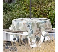 Colorful Leaf Round Outdoor Tablecloth with Umbrella Hole, Table Cloth with Hidden Zipper Outdoor Party Cafe Decorative Floral Table Cover Wrinkle Free Spillproof(6-8 Seats, Blue/Green/Tan, 70" Round)