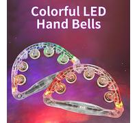 Colorful LED Hand Bells Double Row Handheld Tambourine Metal Jingles with 3 Lighting Modes Switchable Hand Held Plastic Musical Percussion Half Moon Bell for Adults Kids KTV