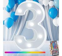 Colorful LED Marquee Number Lights with Remote, RGB Light Up Numbers, Color Changing Battery Powered Number Lights for 10th 50th Birthday Decor Gift for Wedding Party Christmas, LED Number 3