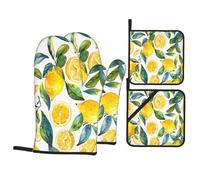 Colorful Lemon 4 Pcs Oven Mitts and Pot Holders Set Heat Resistant Summer Fruit Oven Gloves and Hot Pads for Baking Cooking BBQ Grilling