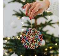 Colorful Leopard Ceramic Christmas Ornaments - 2.8 Inch Rustic Round Xma Tree Decor with Hanging String, Personalized Vintage Double-Sided Holiday Party Decorations for Xmas Gifts