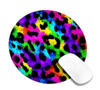 Colorful Leopard Print Desk Mouse Pad, Vibrant Rainbow Animal Pattern Stitched Edge Mousepad, Rubber Non-Slip Washable Gaming Mouse Pad for Home and Office Round 8x8 Inch