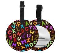 Colorful Letters Round Luggage Tag 4PCS Education Learning PU Leather Travel Bag Tag ID Labels Name Card Holder wtih Buckle for Luggage Suitcase Backpacks