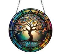 Colorful Life Tree Dragonfly Butterfly Stained Glass Window Panel Hang - Stunning stained glass window hanging featuring a vibrant life tree and dragonfly design.