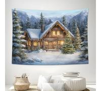 Colorful Lights Cabin Tapestry, Christmas Snow Scene Wall Hanging Tapestries, Multi-Color Wall Hanging Aesthetic Tapestry Home Xmas Decor for Bedroom Dorm Room100Lx75W