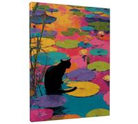 Colorful Lily Pad Canvas Wall Art, Cat on Vibrant Water Lilies Print, Abstract Art for Home Aesthetic Decor in Living Room, Bedroom, Kitchen, Wrapped Canvas 16x20 Inch