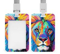 Colorful Lion Id Badge Holder with Breakaway Lanyard Abs Plastic Name Tag Holder Vertical Clear Front Window Push Slide Card Protector Gift for NurseTeacher Office Staff & Events