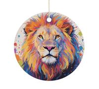 Colorful Lion Painting Double-Sided Ceramic Christmas Ornaments - Round Hanging Mini Xmas Tree Decorations, Ideas for Farmers, Rustic Home Decor for Indoor Outdoor Tree Decor