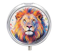 Colorful Lion Painting Pill Box - 3 Compartment Travel Pill Organizer with Small Mirror, Portable Pillcase for Pocket & Purse, Cute Round Medicine Case, Weekly Medicine Container