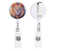 Colorful Lion Painting Retractable Badge Reel - Personalized ID Name Badge Holder with Lanyard Cute Badges Reel Holder Round Nurse Doctor Name Tag Badges Clip for Work