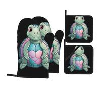 Colorful Little Turtle Baking Gloves Pot mats, Barbecue Party Cooking 500â„‰ high Temperature Resistant Oven Gloves Pot lid mats 4 Pieces Set,