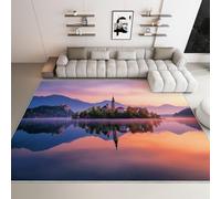 Colorful Living Room Rug, 120 x 170 cm Washable Area Rugs for Bedroom, Non Slip for Kitchen Bedroom Dining Room Home Office, Soft Low Pile Nature Lake Mountains Church Printed Carpet