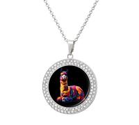 Colorful Llama Shiny Diamond Necklace for Women Personalized Round Pendant Chain Jewel Gift