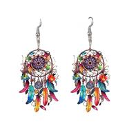 Colorful Long Dangle Earrings, Vintage Feather Earrings With Dream Catcher Design, Handmade Lightweight Dangle Accessory