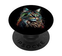 Colorful Maine Coon Cat Face Art Beautiful Cats Black PopSockets Swappable PopGrip
