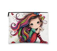 Colorful Makeup Bag, Playful Girl Cartoon Cosmetic Travel Pouch for Women, Portable Small Canvas Zipper Organizer, Gift for Kids and Teens, White, 7x9 Inch, Bag