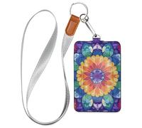 Colorful Mandala Pattern Flowers Work Badge Holder for Women with Lanyard and 3-Card Capacity id Card Holders for Staffs Officers Students Doctors Employees