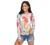 Colorful Mermaids Women Mesh Sheer T Shirt, Mesh Tops See Through Shirts Long Sleeve Sheer Clubwear