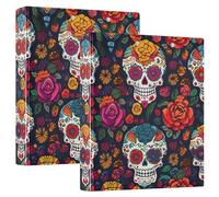 Colorful Mexican Sugar Skulls 1 and A Half Inch Binders 3 Ring Decorative Cute Three Ring Binder with Anti-Slip Clip Basic Binder Notebook for Work School Office, 2 Pack