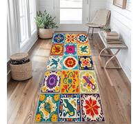 Colorful Mexican Talavera Tile Runner Rug 66 x 200 cm Long Washable, Ceramic Tiles Runner Rug for Hallway Non Slip Carpet, Kitchen Entryway Hall Bedroom Decor, Soft Low Pile oU&D142