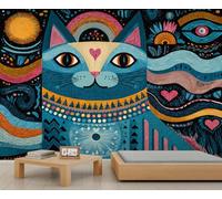 Colorful Mid Century Cat Wallpapers Bohemian Fantasy Mystical Blue Cats Girls Wallpaper Ethnic Geometry Art Wallpaper Murals for Walls Sun Rainbow Eyes Flowers and Plants Living Room for Bedroom