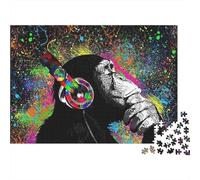 Colorful Monkey DJ 100% Recycled Cardboard Neon Monkey with Headphones 1000 Piece Jigsaws for Adults Unique Classic Educational Games 70x50cm/1000pcs