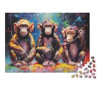 Colorful Monkey Trio 1000 Pieces Jigsaw Puzzle Primate Group Precision-cut Framable Detailed Artwork Thick Premium Cardboard for Family Birthday Gift 38x26cm/1000pcs