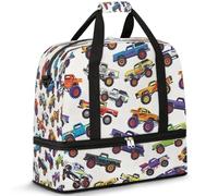 Colorful Monster Trucks Travel Duffle Bag for Women Men Weekend Overnight Bags Foldable Wet Seperated 47 L Tote Bag for Sports Gym Yoga