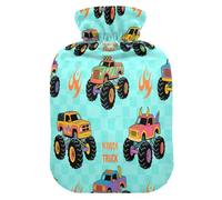 Colorful Monsters Truck Fire Turquoise hot Waterbottle with Soft Cover, 2L hot compresses for The Body for Neck and Shoulder Pain Relief,Neck and Shoulder Pain Relief,Bolsa de agua Caliente para el