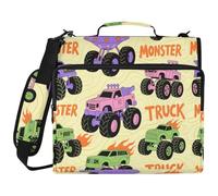 Colorful Monsters Truck Fire Yellow 1.5 Inch 3 Ringing Zipper Binder Organizer with Shoulder Strap & Handle Multiple Pockets Portable Portfolio for Middle School Organizador de la carpeta