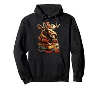 Colorful Moose Resting with Fall Leaves Cozy Autumn Animal Pullover Hoodie