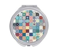 Colorful Moroccan Tribal Mediterranean Square tiles Folding Make Up Mirror, Compact 2X/1X Magnification Mirror, Women Portable Travel Makeup Mirror 2.4 x 2.4 inch