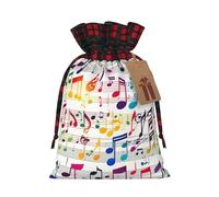 Colorful Music Notes Print Festive Plaid Gift Bag, Candy Bag, Drawstring Burlap Pouch For Holiday Presents Favor-M