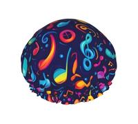 Colorful Music Notes Print Shower Caps for Women, Reusable Double Layers Elastic Band Long Hair Bath Caps for Shower