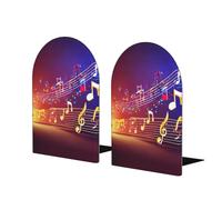 Colorful Music Notes Print Wooden Bookends,Metal Base,Decorative Book Stopper For Home Office
