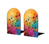 Colorful Music Notes Print Wooden Bookends,Metal Base,Decorative Book Stopper For Home Office