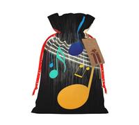 (Colorful Musical Note) Print Christmas New Year Candy Gift Bag, Red Xmas Ribbon Drawstring Bags for Kids Xmas Holiday Eve Presents S Size