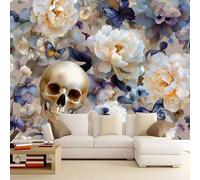 Colorful Mystery Wallpaper Butterfly Flowers Skull Themed Wallpaper for Living Room and Bedroom, Non-Woven Premium Art Print Fleece Wall Mural Decoration Poster Picture - 250 x 175 cm