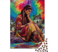 Colorful Native American Woman with Wolves 1000-Piece Jigsaw Puzzle for Adults, 52x38cm/1000pcs, White Cardboard, Gift Idea for Puzzle Lovers And Quiet Weekends