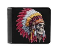 Colorful Native U.S Chief Skull Trendy Bifold Wallet for Men Classic ID Window Large Capacity Slim Leather Wallets