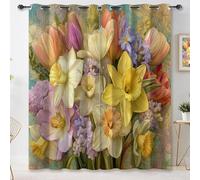 Colorful Natural Delicate Blackout Curtains, Grommet Top Flowers Tulips Daffodils Lilacs Lines Energy Saving Curtains, 29.5 x 65 Inch Thermal Insulated Room Darkening Curtain for Bedroom Living Room