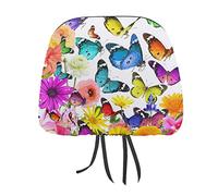 Colorful Nature Beautiful Flowers and Butterflies on White 1PC Universal Car Seat Headrest Protector Covers, Soft Car Headrest Cover Interior Accessories Decoration Fit Most Cars Vehicles