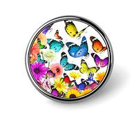 Colorful Nature Beautiful Flowers and Butterflies on White Round Brooch Pin, Unisex Smooth Surface Lapel Tie Pin, Lightweight Badge Jewelry Crafts Decor for Costume Accessory Men Women