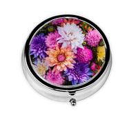 Colorful Nature Flower Printed Round Pill Organizer with 3 Compartments, Portable Mini Pill Box Pill Case for Medicine, Vitamin, Fish Oil, Supplements