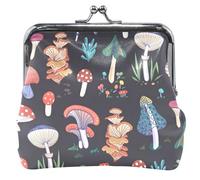 Colorful Nature Mushrooms Black Women's Cute Coin Purse Leather Buckle Kiss Lock Change Pouch Wallet, Colorful Nature Mushrooms Black, OneSize